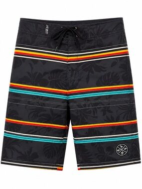 Salt Life Black Swim Trunks with Teal, Red & Yellow Stripes